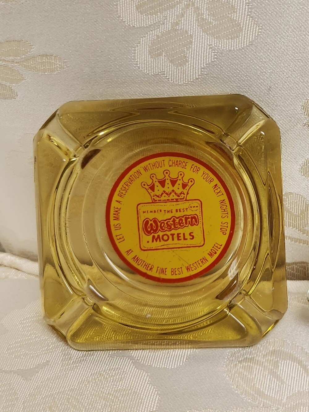 Western Motels Ashtray Vintage Glass Hotel Advertising Souvenir Yellow